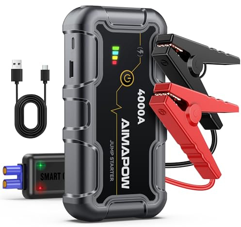 Arrancador de Baterias de Coche, 4000A Arrancador de Coches (para Motor de Gas de 7.0L o Diesel de 5.5L), 12V Jump Starter Portátil, Clips de Seguridad Inteligentes, 3 Modos Lámpara LED