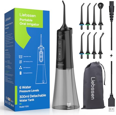 Liebssen Idropulsore Dentale Portatile Funzionamento con un solo pulsante 6 intensità dell'acqua 8 Ugelli di ricambio l'impermeabilità IPX7 Batteria di lunga durata -Nero