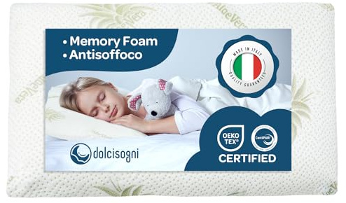DOLCI SOGNI Cuscino Lettino Bambino Antisoffoco, 60 x 40 cm, spessore 6 cm, OEKO-TEX® e CertiPUR™ Cuscino per asilo, per bambini, modello Aloe, da viaggio, 100% Made in Italy