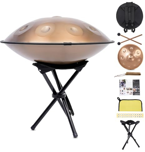 Handpan Alivio Ansiedad - Ideal Principiantes y Regalo Navidad 2025｜con soporte de mano, bolsa de mano, baquetas resistentes y paño libre de polvo,para Meditación y Yoga, Oro(432Hz,9Töne)