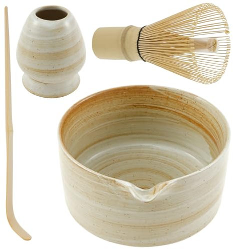 4Pcs Matcha Whisk Set,Traditional Matcha Tea Set with Whisk and Bowl, Spoon, Making Kit for Tea Lovers(Beige)