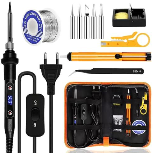 Soldador de Estaño 80W Kit Profesional 13 en 1 con Temperatura Ajustable (180℃-520℃), Incluye 5 Puntas,Bomba Desoldadora, Soporte,Pinzas y Alambre de Soldadura – Ideal para Reparación y Proyectos DIY