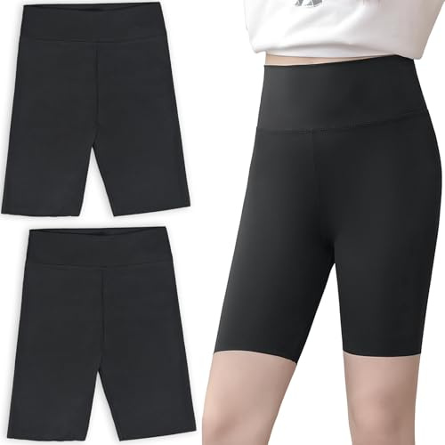 srclo 2 Pairs Girls Cycling Shorts Stretchy Dance PE Short Breathable Under Dress for Kids School Sport Yoga Bike Riding Black Grey 6-13 Years
