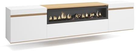 Skraut Home | TV-Schrank, Lowboard | für Wohnzimmer und Esszimmer | 200x45x35cm | Für TV-Geräte bis zu 80 | Elektrokamin. | Hängend | Moderner Stil | Weiß und Eiche Soft