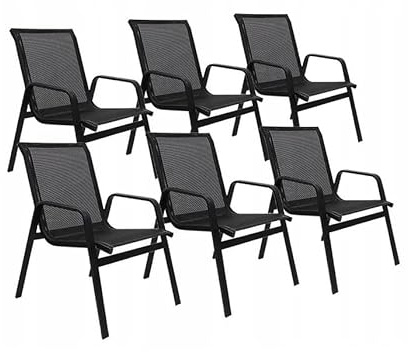 BDW Lot de 6 chaises de jardin empilables à dossier haut - Structure en acier textilène - Pour jardins, cours, balcons - Empilables - Charge maximale : 150 kg - 92 x 54 x 65 cm - Noir (6)