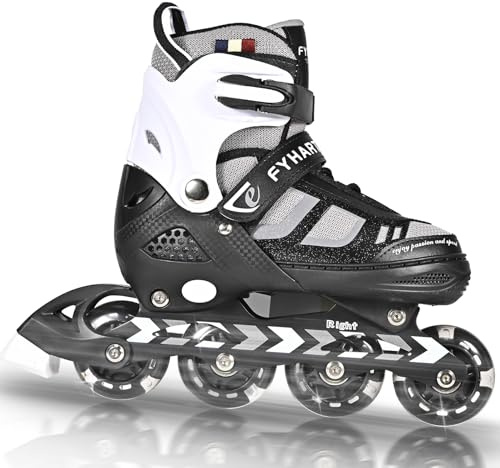 LIRENGUI Einstellbare Kinder Inline Skates für Jungen Mädchen, 4-Rollen Inline Skates für Jugendliche & Erwachsene mit leuchtenden Rädern für drinnen draußen Sport Freizeit, Schwarz Weiß, Large