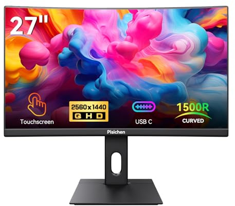 Pisichen Curved 27 Inch Touchscreen Monitor, QHD 2K 2560x1440 85Hz Computer Monitor, 99% sRGB, Built-in Adaptive Sync, with Display Port HDMI, Eye Care, VESA