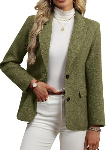 ELLEVEN Wool Blend Tweed Blazers for Women Boyfriend Herringbone Fall Winter Blazers Dressy Business Casual Double Button Long Sleeve Suit Oversize Harris Tweed Suit Jacket Dark Green Large