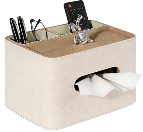 GAOUTO Scatola per fazzoletti con 2 scomparti: 19 x 16 x 12 cm, in pelle PU, versatile organizer per fazzoletti, per soggiorno, ufficio, casa (beige)