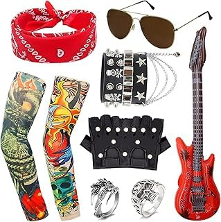 Fartoni Disfraz Rock Punk Años 80 para Adulto – Kit 11 Accesorios Rockero con Guitarra Hinchable, Gafas, Guantes, Bandana y Pulseras – Complementos Carnaval y Fiestas Temáticas