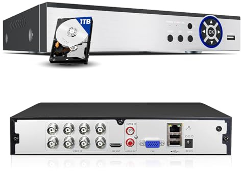 8 Channel Hybrid Security DVR Recorder with 1TB HDD, 5MP H.265+ Surveillance Video Recorders for Analog AHD, TVI, CVI, CVBS, IP Cameras