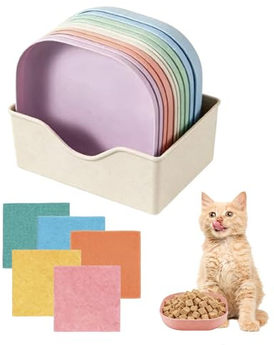 15PCS Cat Bowls,Plastic Cat Food Bowls with a Storage Box, Non-Slip Pet Dish for Food & Water, with 5 Pieces Cleaning Cloths, for Food and Water Pet Feeding Bowl