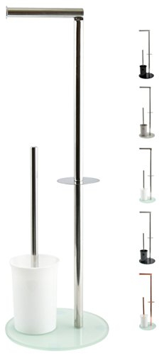 MSV Bergamo Stand WC Garnitur WC Bürste Rollenhalter Toilettenbürste Klobürste Klopapierhalter aus Edelstahl und Glas Weiß 3in1