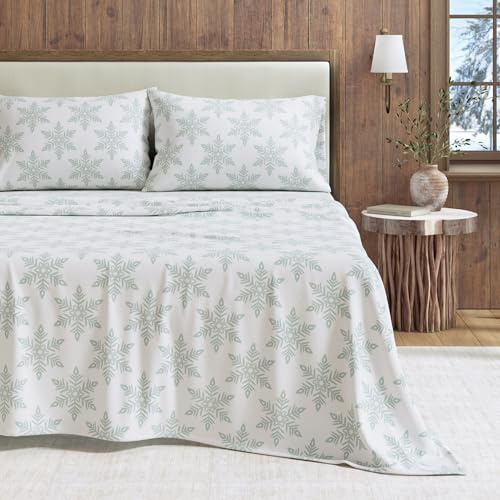 Great Bay Home Set di lenzuola in flanella, per letto king size, 100% cotone turco, matrimoniale, spazzolato, stampato, ultra morbide, comode, 4 pezzi (fiocco di neve, bianco semplice)