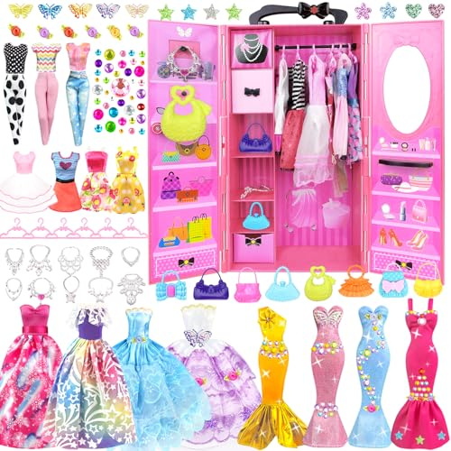 75Pcs Vêtements et Accessoires avec Armoire pour Poupée 11.5 Pouces - Ensemble de Poupee Fille de Mode Comprenant Robe de Hauts et Pantalons Habits Dressing Cintres Sacs pour Filles