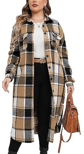 Jhsnjnr Women's Jackets Long Sleeve Flannel Shirts Casual Button Down Long Plaid Shacket Coat