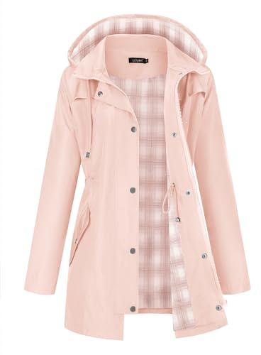 LOMON Women Waterproof Outdoor Hiking Raincoat Women Lined Rain Jacket Lightweight Hooded Jackets Trench Coats Pink S(Big Plaid Lining)