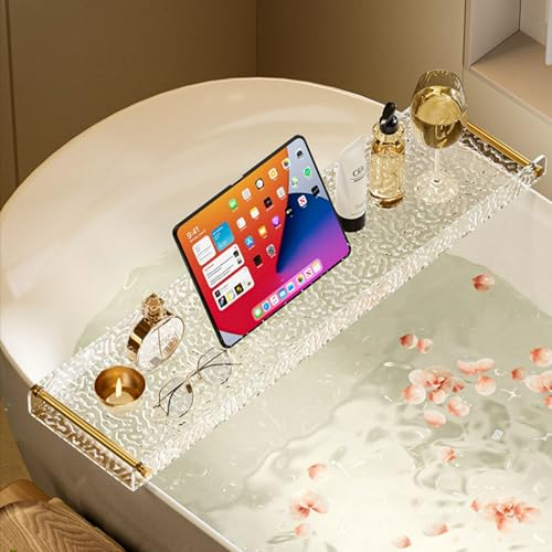 Badewannenablage Clear Badewanne Caddy -Tabletts mit Goldenem Griff, Wellblecher Effekt Duschregale Tablett Acryl, 70/80/90 cm Wannenlagerhalter Passt zu den Meisten Badewannen ( Color : 90cm (35 3/8