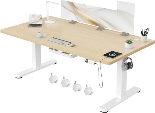 Devoko Scrivania regolabile in altezza, 160 x 80 cm, scrivania elettrica con tavolo in quattro parti, scrivania per computer con funzione memoria, scrivania in piedi,Rovere