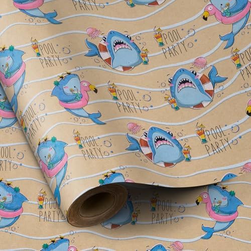 RUSPEPA Rouleau de Papier d'Emballage Kraft - Mini Rouleau - Conception Requin et Pool Party Idéal pour Anniversaire, Fête, Baby Shower - 43,2 cm x 10 m