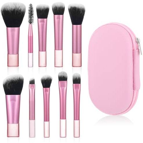 Giantree 10Stück Reise Pinselset Makeup, Mini Make Up Schminkpinsel Set Tragbares Reise Makeup Pinsel Mit Tasche Kosmetik Pinsel Für Stiftung Pinsel Erröten Pulver Lidschatten Kosmetik(Rosa)