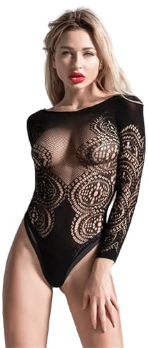 alloneslife Body en résille à manches longues pour femme - Haut en maille transparente - Lingerie d'Halloween - Cadeaux, Noir , S-4XL