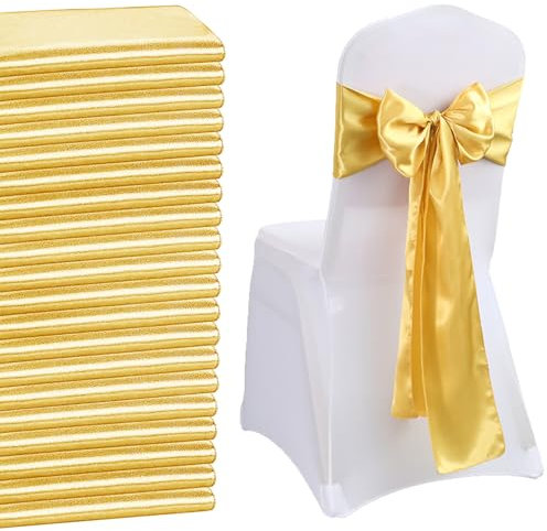 QeeFop 50 Pezzi Satin con Sedie Decorate con Fiocco Design, Decorazione per Sedia in Raso, Fasce in Raso per Sedie, Decorazione per Sedia per Matrimoni, Banchetti, Ricevimenti (Oro)