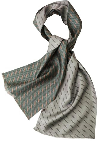 Prettystern Écharpe longue en soie pure pour homme élégante double épaisseur classique business festive franges courtes gris vert AB13