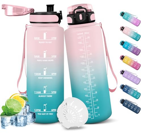 HoneyHolly Gourde Sport, 1500ml Étanche & Réutilisable, Bouteille, Motivation avec Filtre Gourde, Bouteille d'eau, Gourdes pour Gym, Ecole, Cyclisme, Plein air, Sport