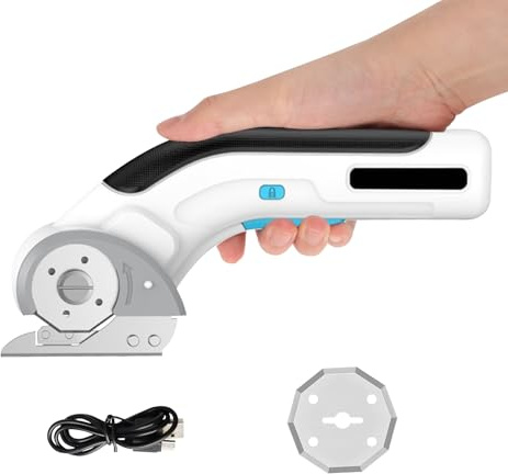 Handheld Electric Fabric Scissor Cordless Battery Powered with 2 Blades, Portable 4V Power Shears with Rechargeable 2Ah Lithium Battery, 340 RPM Cut Speed, 25mm Cut Thick for Leather, Plastic, Carpet