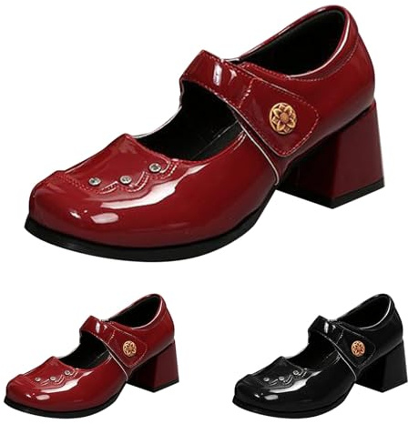 Mary Jane Chaussures basses pour femme à talon bloc - Ballerines élégantes avec lanières - Talons hauts - Chaussures à enfiler en cuir synthétique - Mocassins à bout carré - Chaussures à talons hauts