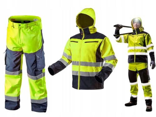 NEO TOOLS Softshell Warnschutz Arbeitskleidung Set – Jacke und Hose mit 8000 mm Wassersäule – Winddicht, Atmungsaktiv und Sichtbar Arbeitskleidung für Outdoor