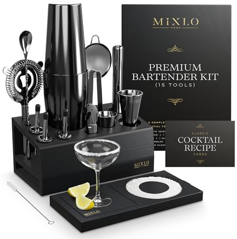MIXLO HOME Mixology Bartender Kit - 15Pcs Bar Set Cocktail Shaker Set w Black Bar Cart Accessories Stand - Shakers Bartending Gun Metal Black Tools, 24oz Shaker, 17 Recipe Cards, Martini Barware