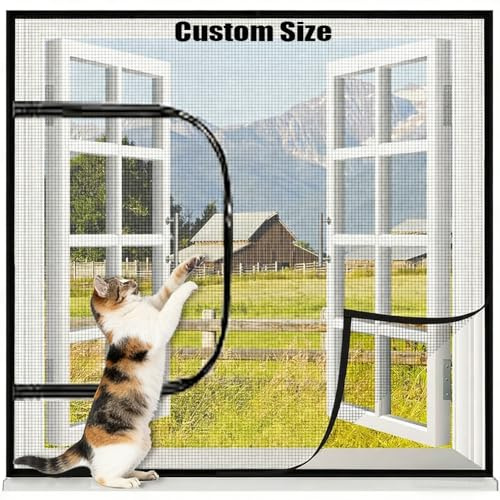 Red de ventana de tamaño personalizado para moscas, red de protección para gatos interiores, fuerte mosquitera autoadhesiva con apertura de cremallera para insectos, cortina de malla que mantiene