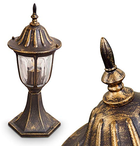 Außenleuchte Ribadeo, Sockelleuchte in antikem Look, Aluguß in Schwarz/Gold mit Klarglas-Scheiben, Wegeleuchte 40 cm, Retro/Vintage Gartenlampe, E27-Fassung, IP44, ohne Leuchtmittel