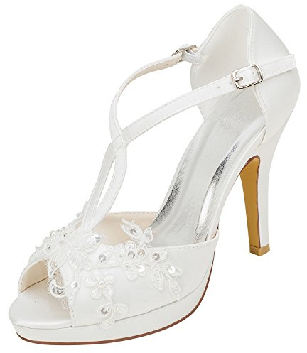 Emily Bridal Scarpe da Sposa La Seta delle Donne Come la Piattaforma della Punta del Tallone del Tacco del Raso del Raso con Perla del Merletto di Cucitura (EU38, Ivory)