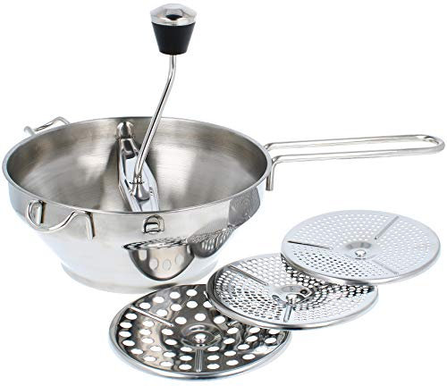 com-four® Passiermühle aus Edelstahl - mit 3 verschiedenen Einsätzen - Passiergerät zum Passieren, Pürieren und Entsaften von Gemüse und Obst