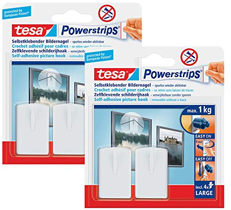 tesa Powerstrips Bildernagel, selbstklebend (4 Stück, Weiß)