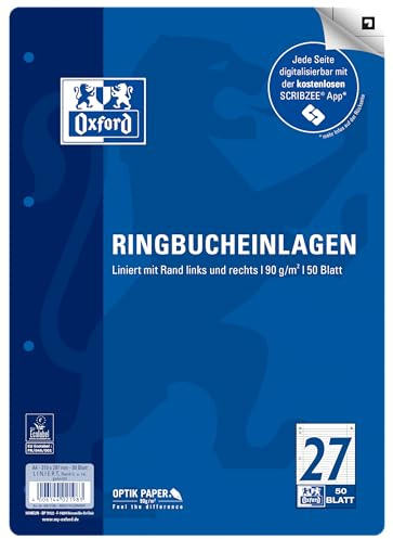 Oxford A4 Ruled Ring Binder Inserts with Double Margin 27 Ruling 50 Sheets