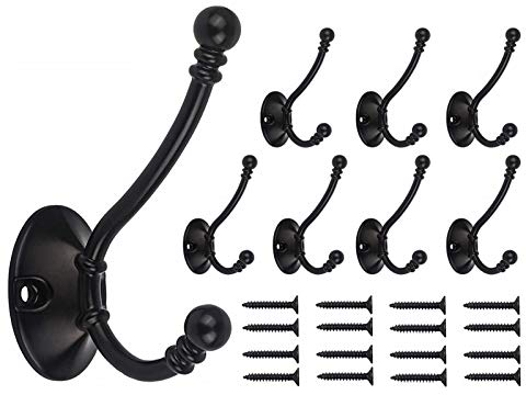 Beilala Large Coat Hooks for Door - 8 Pack Antique Heavy Duty Double Prong Bedroom Bathroom Hook Wall Mounted for Clothes, Robe, Towel, Hat, Bag, Key (Black)