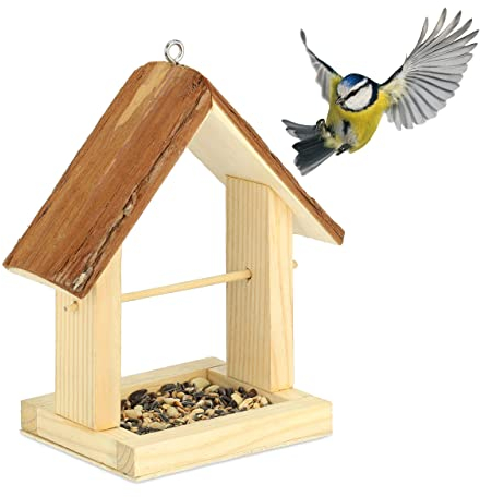 Relaxdays Vogelfutterhaus Holz, Vogelhaus zum Aufhängen, HBT: 27 x 23 x 13 cm, Rinde, Futterstelle für Wildvögel, Natur