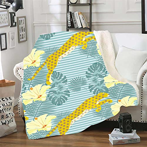 Kuscheldecke Leopard Gestreifte Blätter Decke Flanell Lammwolle Fleecedecke Doppelseitiges Design Fleecedecke Flauschig Decken Blanket Sofadecke Pflegeleicht Felldecke Wolldecken für Couch 150x180cm