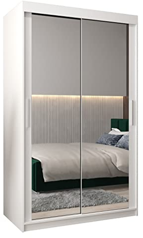 ABIKSMEBLE Tokyo 3 120 Armadio da Camera a Due Ante Scorrevoli - Armadio Moderno con Specchio, Barra e Ripiani - 120x200x62 cm (L x A x P) - Bianco Opaco