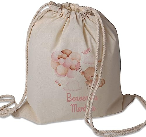  Benvenuto / Benvenuta  Sacchetto Porta Corredino Bebè Neonato Zaino A Sacca In Cotone 130gr Personalizzato con Nome Idea Regalo Natale Compleanno Primo Cambio Nuova Nascita Bimbo Bimba in Arrivo