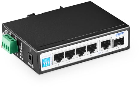 YuLinca Switch Industriale a 6 Porte Gigabit su Guida DIN, 4 Porte 100/1000Mbps, 1 Uplink Gigabit e 1 SFP Gigabit, Switch Ethernet su Guida DIN in Metallo e Montaggio a Parete