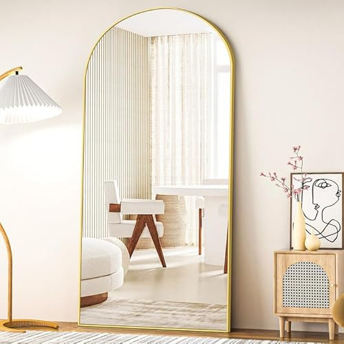 COFENY välvd golvspegel, stor väggspegel med aluminiumram 192 x 85 cm, lutande eller hängande golvspegel för vardagsrum, sovrum, hall, guld