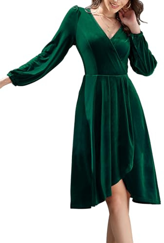 Meetjen Womens Fall Velvet Cocktail Dresses A-Line Midi Wrap V Neck Formal 2025 Wedding Guest Evening Dress Dark Green M