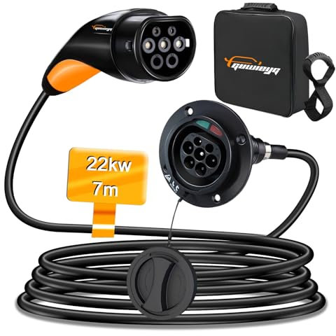 GUWIEYG Prolunga Cavo Ricarica Auto Elettrica Tipo 2, 22kW, 7m, 32A per Veicoli Elettrici, Cavo di Prolunga per Ricarica IEC62196 con Borsa per il Trasporto
