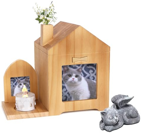 Umberdom Coffret 3 en 1 pour cendres de chat, ange + monument + urne en bois - Cadeau souvenir avec cadre photo, boîte de crémation pour chats