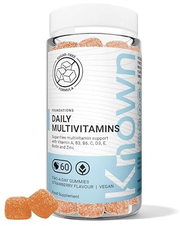Known Dagligt Multivitamin Utan Socker Gummies – Jordgubbssmak – Veganskt Gummy-kosttillskott – Vitamin A, C, D, E, B6, Biotin, Zink & Jod – Immunhälsa, Energi & Välbefinnande – 1 Månads Förbrukning